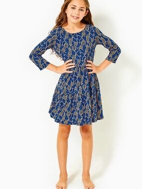 Lilly Pulitzer Girls Size 8/10 Blue Leopard Print Tiered Long Sleeve Dress